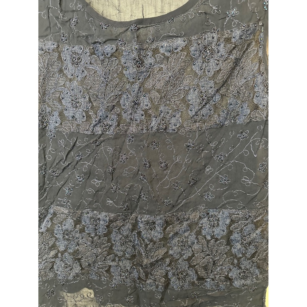 Compagnie Internationale Express Navy Blue Beaded Lace Sheer Sleeveless Top - Picture 2 of 6